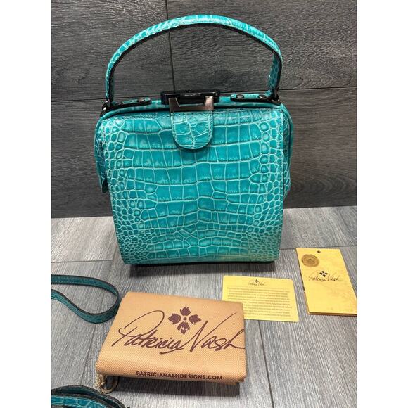 Patricia Nash Leather Croc Embossed Nela NorthSouth Frame Tote green bag A386257 - Picture 2 of 9